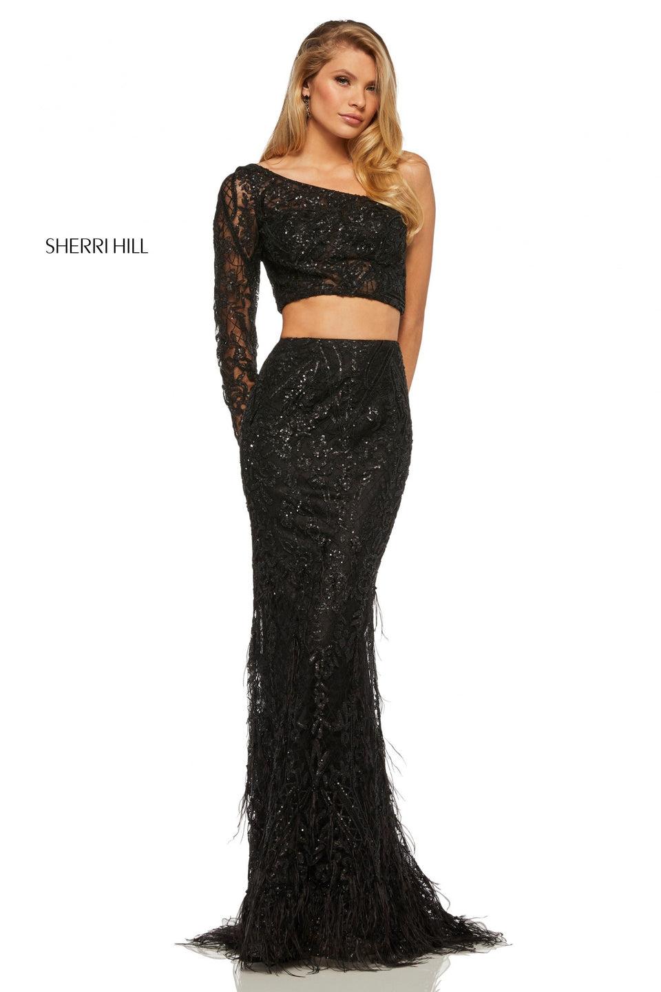 Sherri Hill Two-piece Mermaid Gown With Feather Skirt And One-shoulder Long Sleeve Top