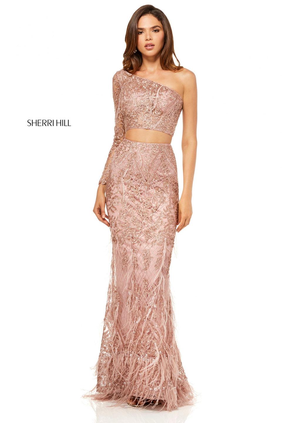 sherri hill Two-piece mermaid gown with feather skirt and one-shoulder long sleeve top