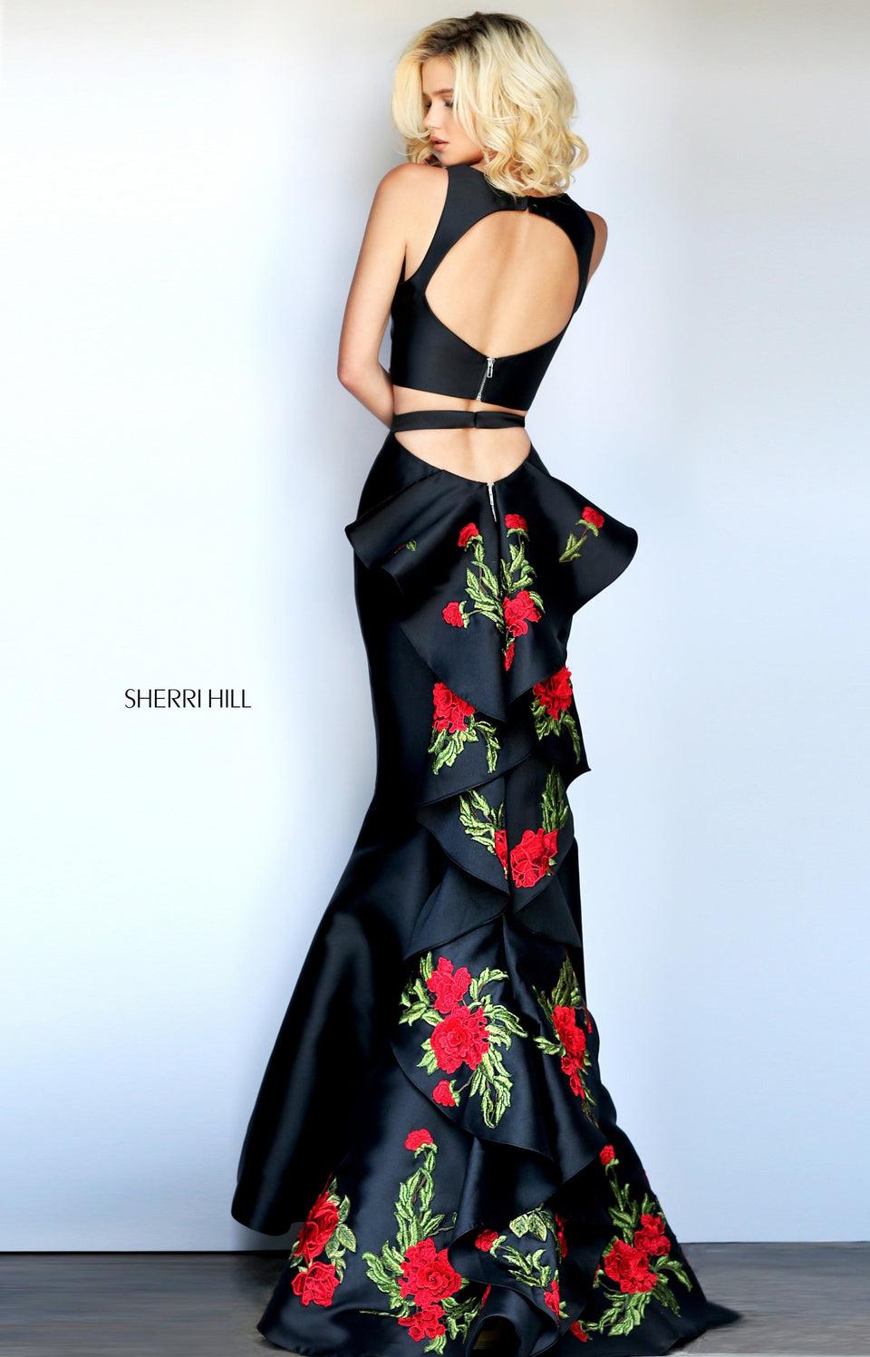 sherri hill Two-piece mermaid with a embroidered flower ruffle along the back