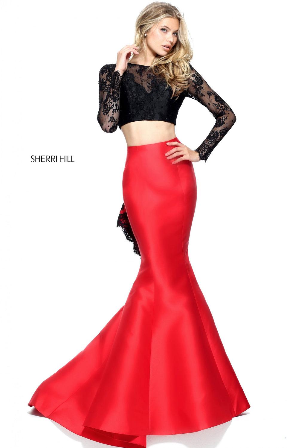 Sherri Hill Two-piece Mermaid With A Lace Long Sleeve Bodice And Lace Ruffle Along The Back Of The Skirt