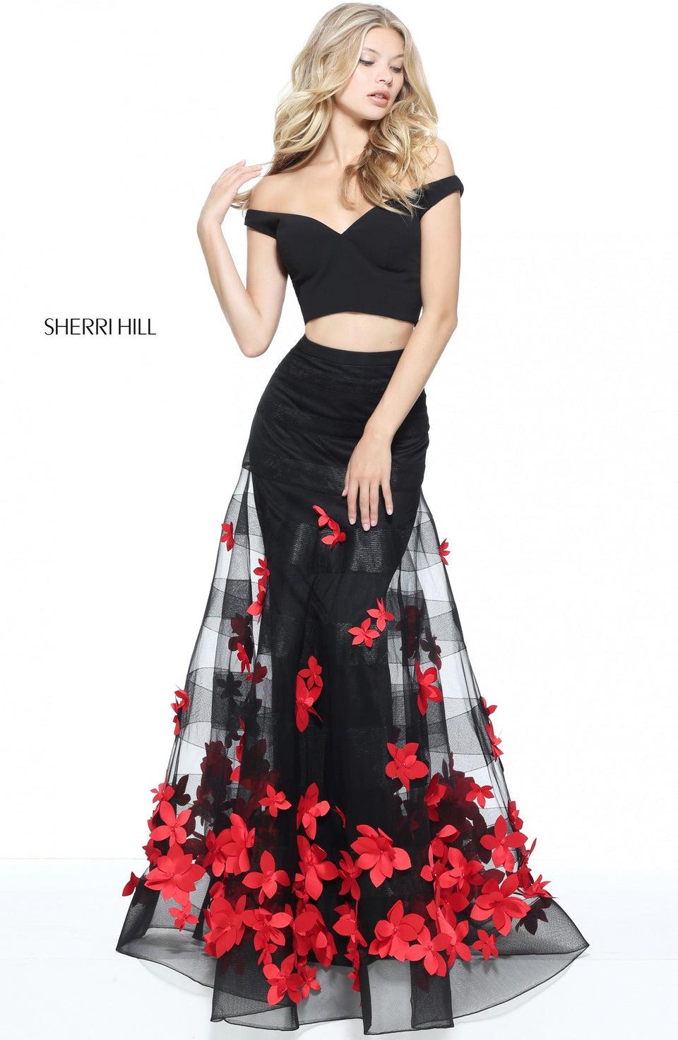 sherri hill Two-piece mermaid with an appliqued flower skirt and off the shoulder bodice