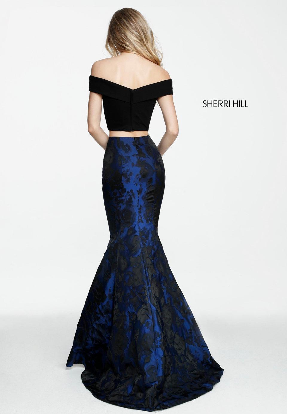 Sherri Hill Two-piece Mermaid With An Off-the-shoulder Bodice And Jacquard Print Skirt