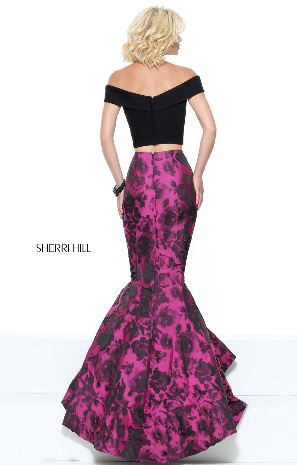 Sherri Hill Two-piece Mermaid With An Off-the-shoulder Bodice And Jacquard Print Skirt