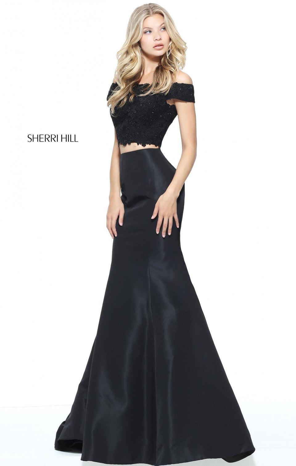 Sherri Hill Two-piece Mermaid With An Off-the-shoulder Lace Bodice And Taffeta Skirt
