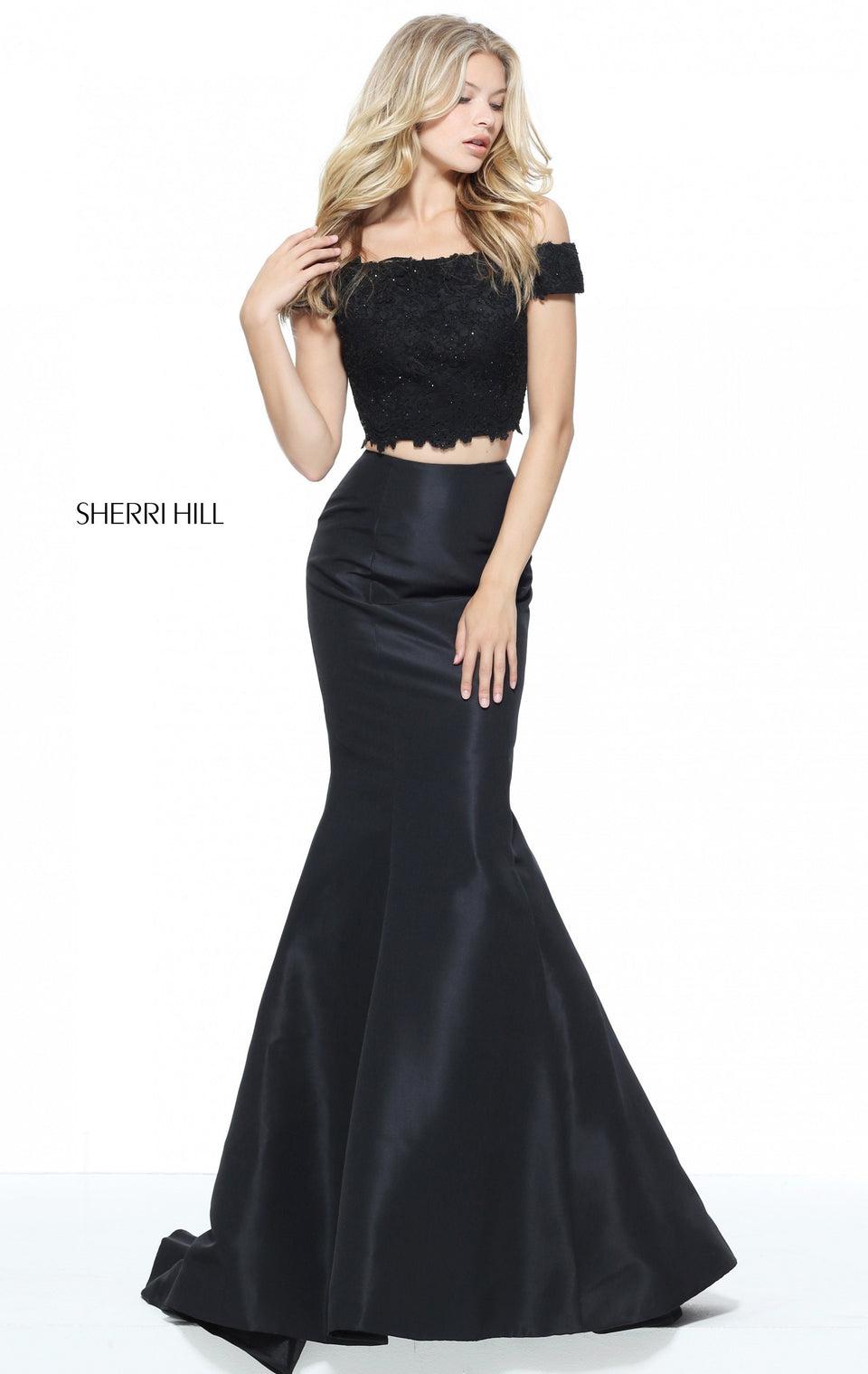 sherri hill Two-piece mermaid with an off-the-shoulder lace bodice and taffeta skirt
