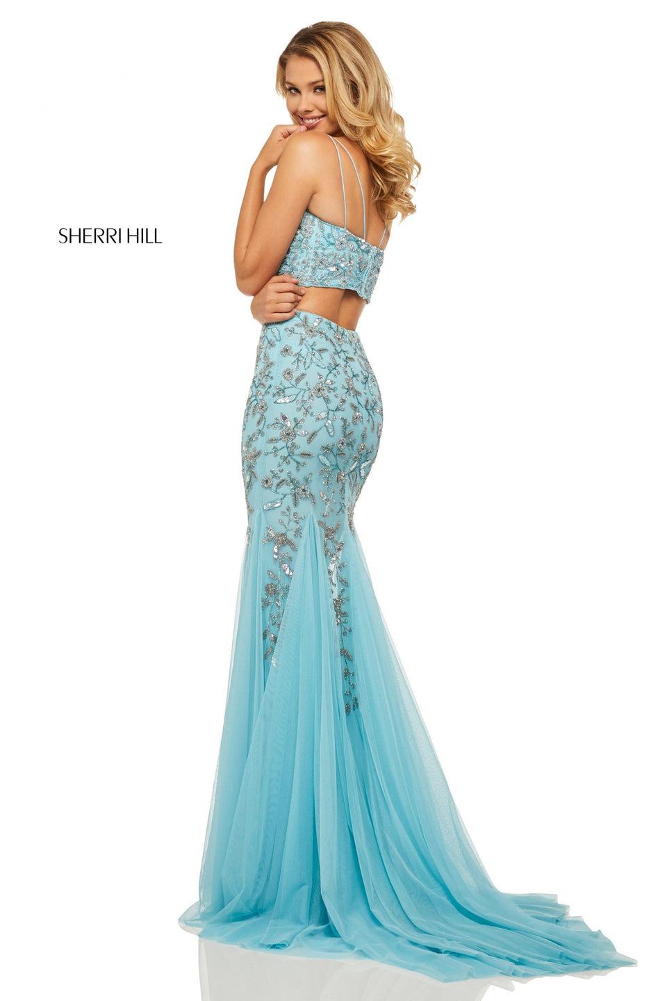 sherri hill Two-piece mermaid with floral pattern beading and sequins spaghetti strap top and chiffon bottom skirt