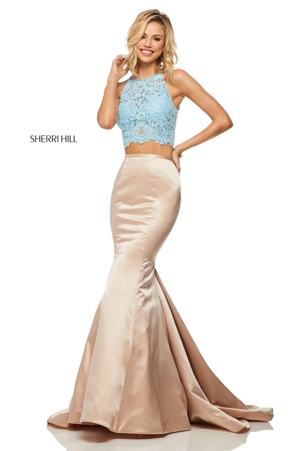 Sherri Hill Two-piece Mermaid With Satin Skirt And A Lace High-neck Top With Embroidered Keyhole Back