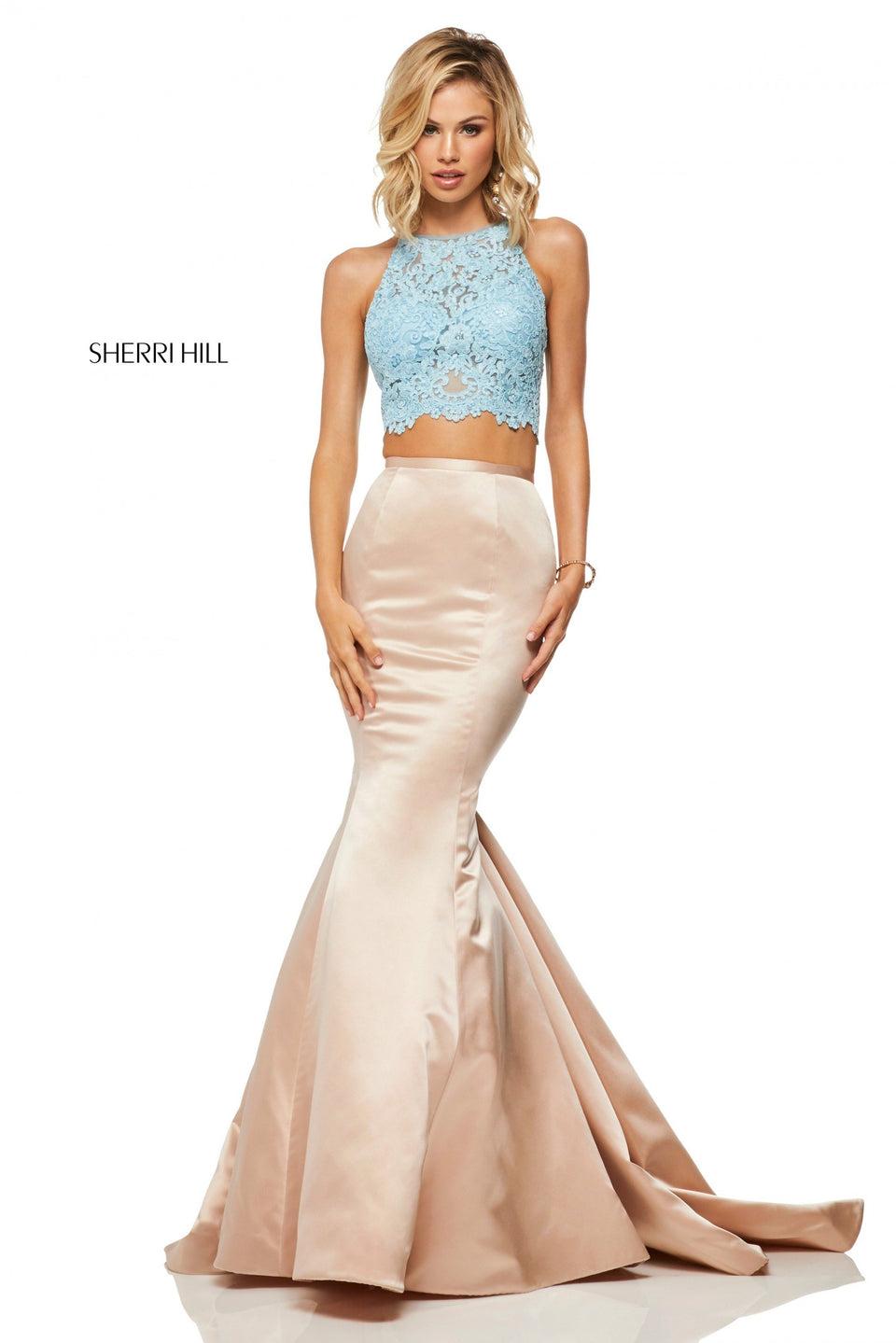 Sherri Hill Two-piece Mermaid With Satin Skirt And A Lace High-neck Top With Embroidered Keyhole Back