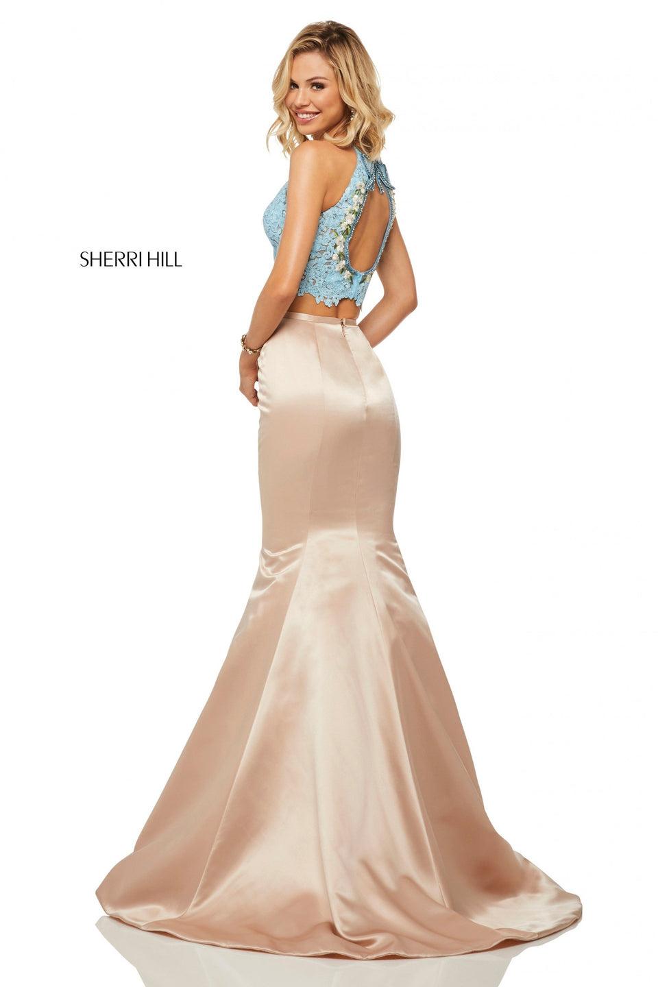 sherri hill Two-piece mermaid with satin skirt and a lace high-neck top with embroidered keyhole back