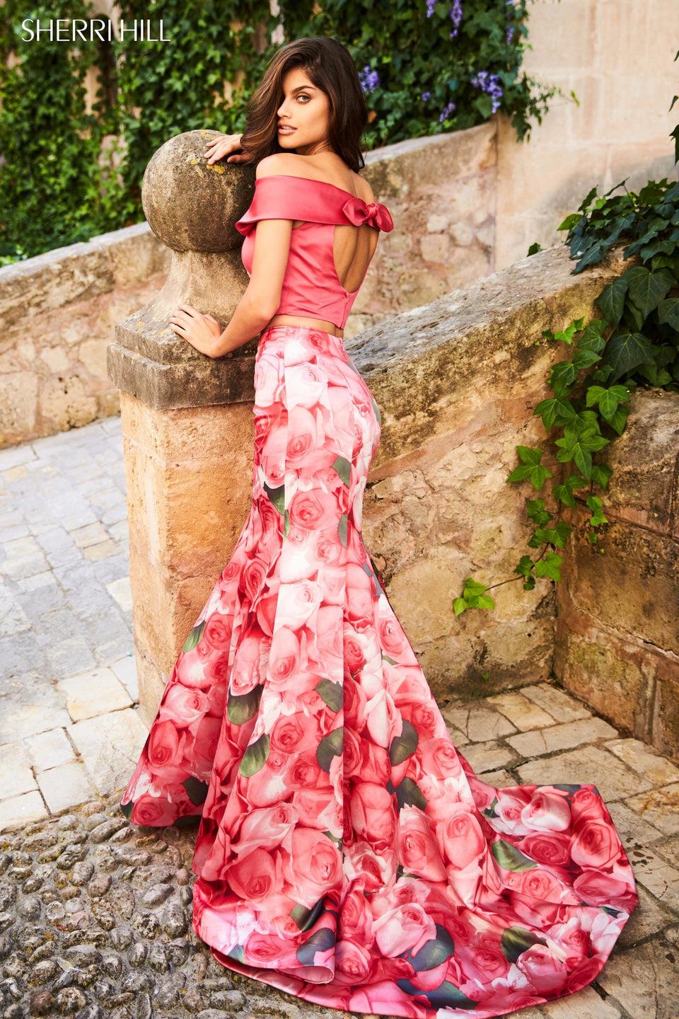 Sherri Hill Two Piece Mermaid With Solid Color Off-the-shoulder Bodice And Floral Print Skirt