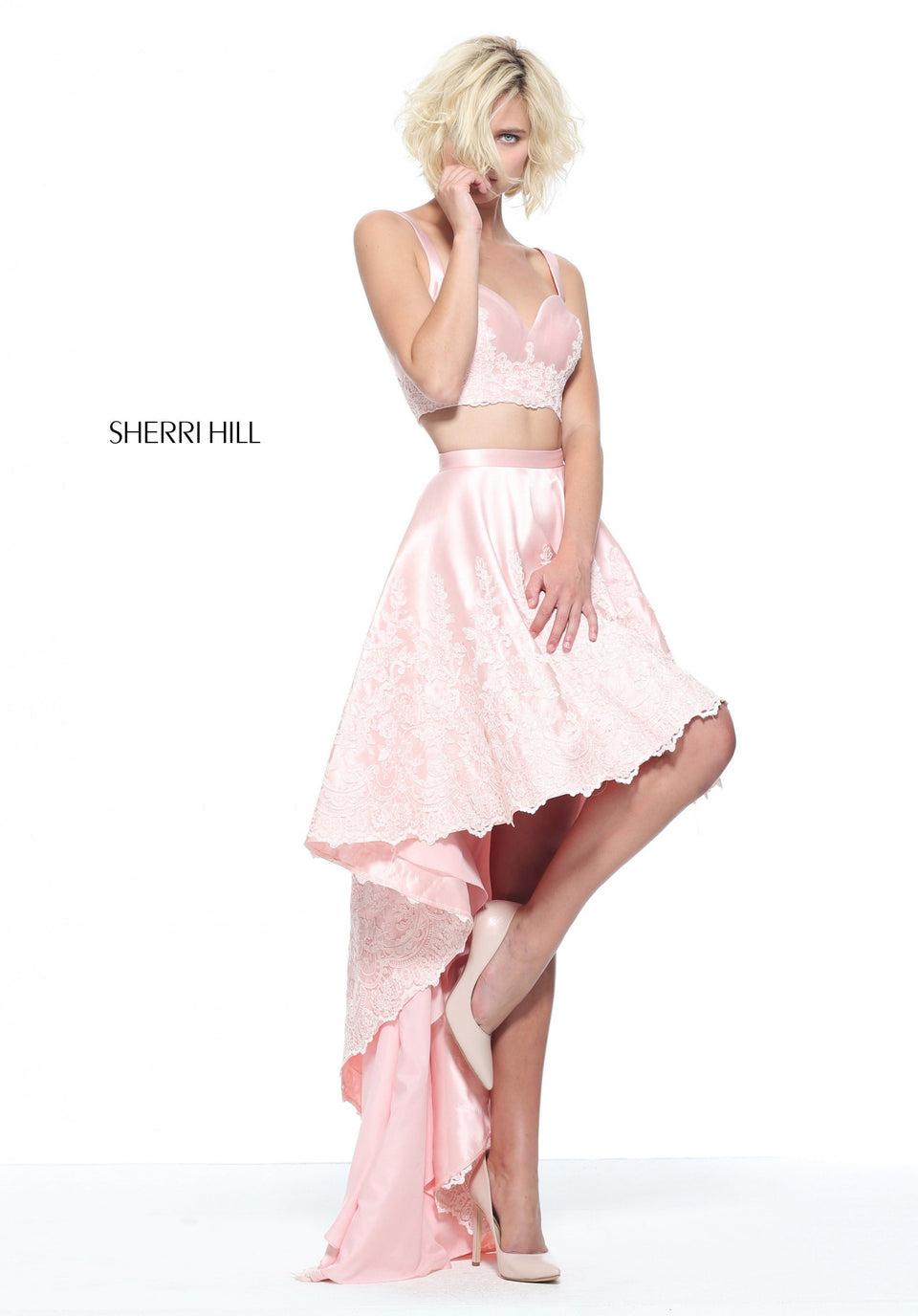 sherri hill Two-piece mikado high low dress with a lace embroidered trim