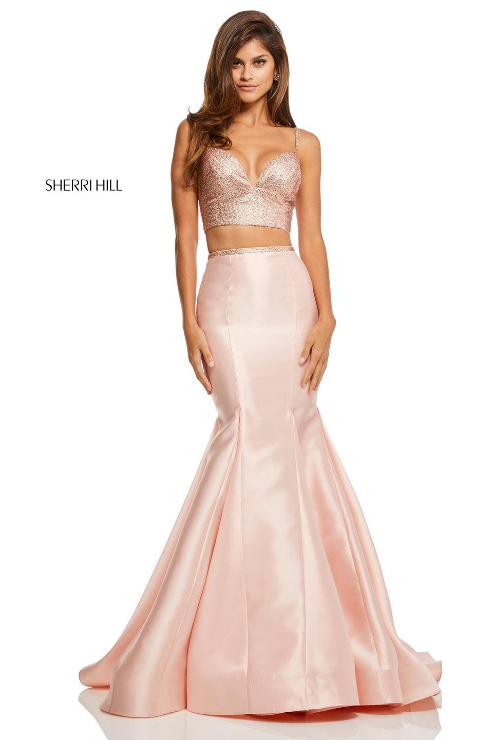 Sherri Hill Two-piece Mikado Mermaid With Beaded Bodice And Lace Up Back