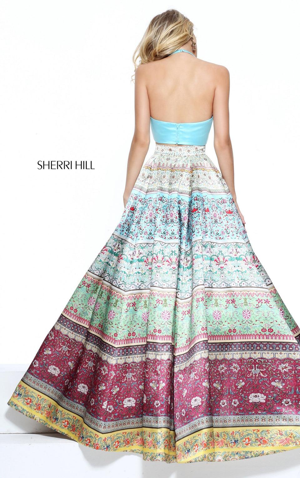 Sherri Hill Two-piece Multi Print Ball Gown With A Halter Bodice