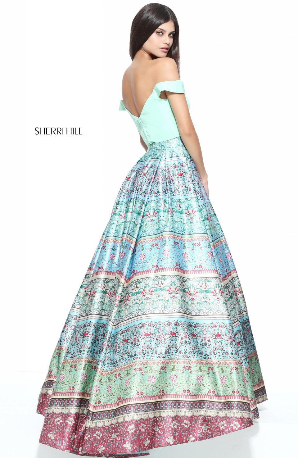 Sherri Hill Two-piece Multi Print Ball Gown With A Solid Off-the-shoulder Taffeta Bodice
