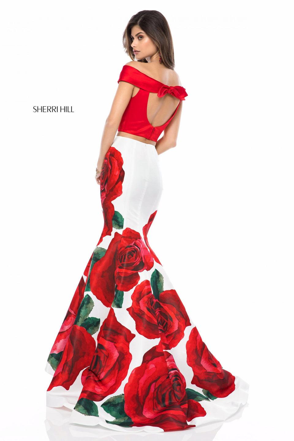 Sherri Hill Two-piece Off-the-shoulder Bodice With Open Keyhole Back And Floral Mermaid Skirt