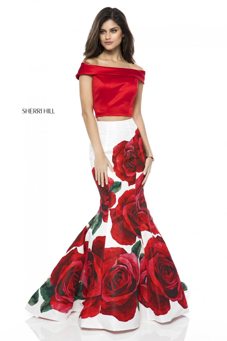 Sherri Hill Two-piece Off-the-shoulder Bodice With Open Keyhole Back And Floral Mermaid Skirt