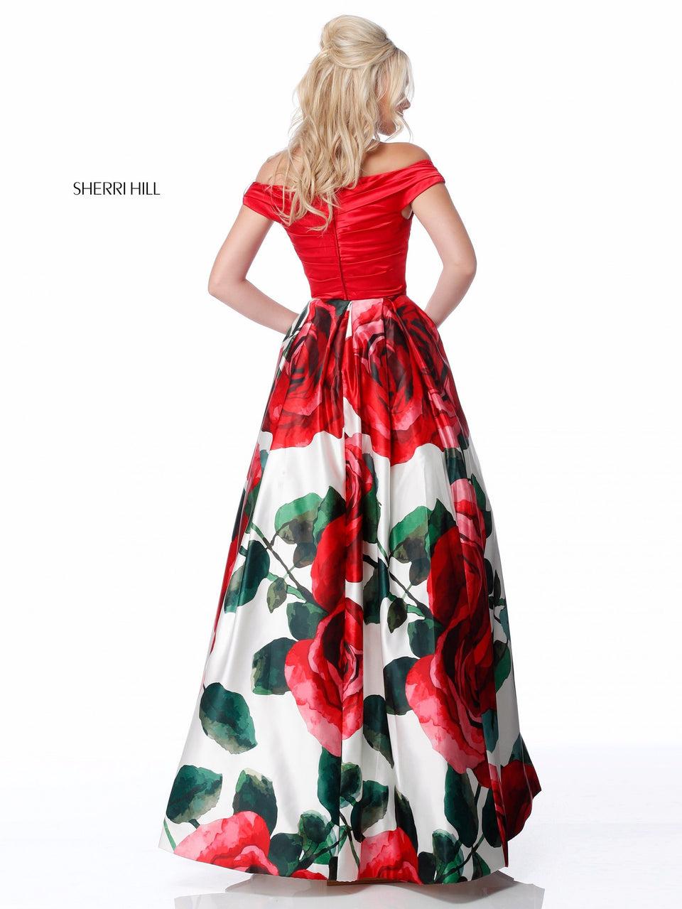 Sherri Hill Two Piece Off-the-shoulder Criss Cross Bow Top With Floral Ball Gown Skirt