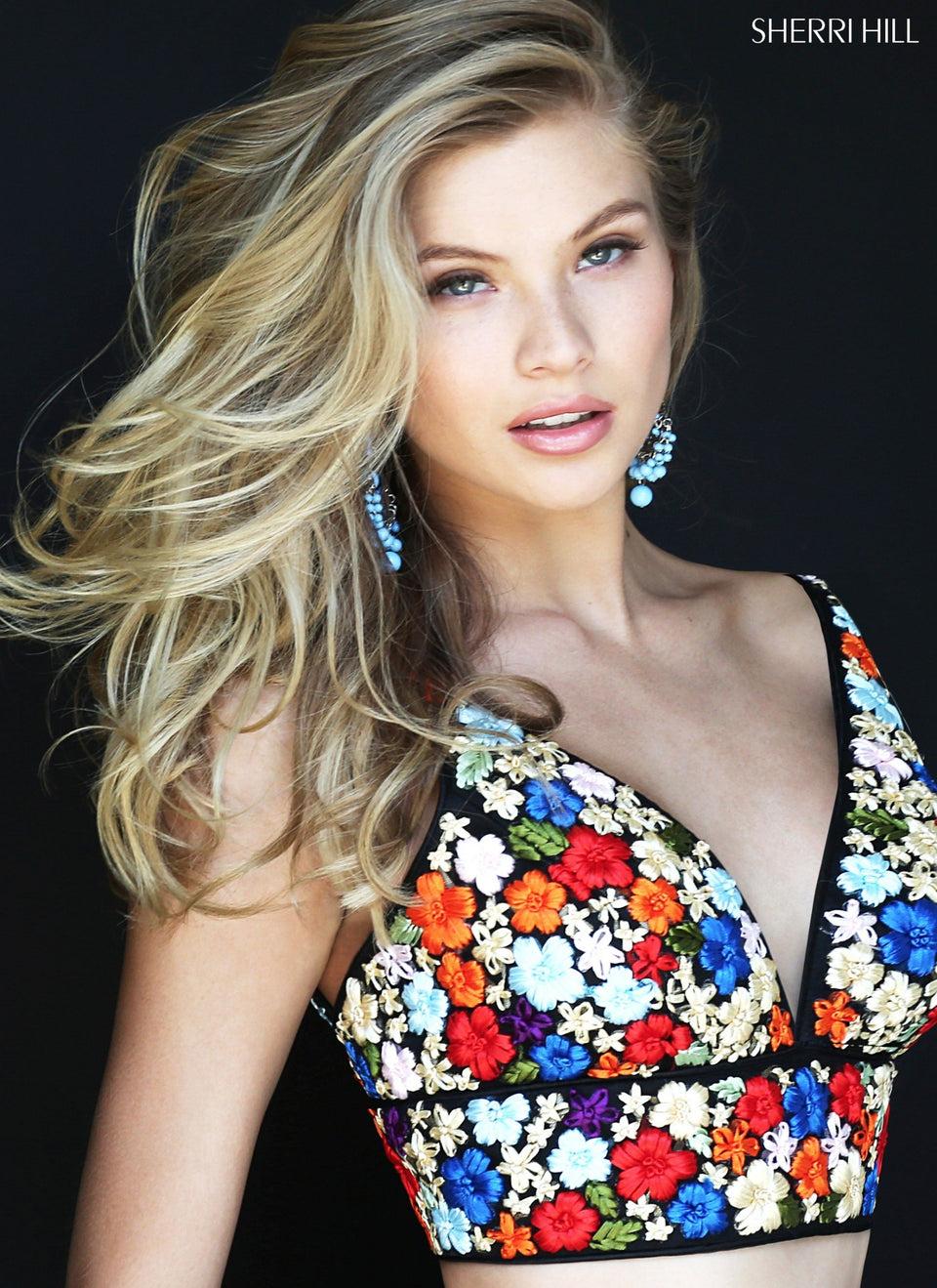 Sherri Hill Two-piece Organza Ball Gown With A Flower Ribbon Embroidered Bodice