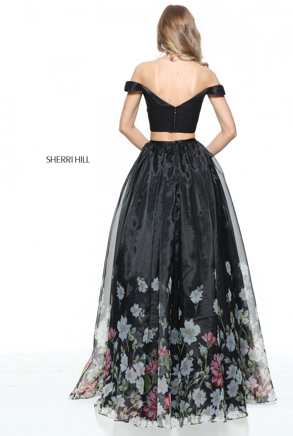 Sherri Hill Two Piece Organza Ball Gown With A Satin Off-the-shoulder Bodice And Floral Border Print Skirt