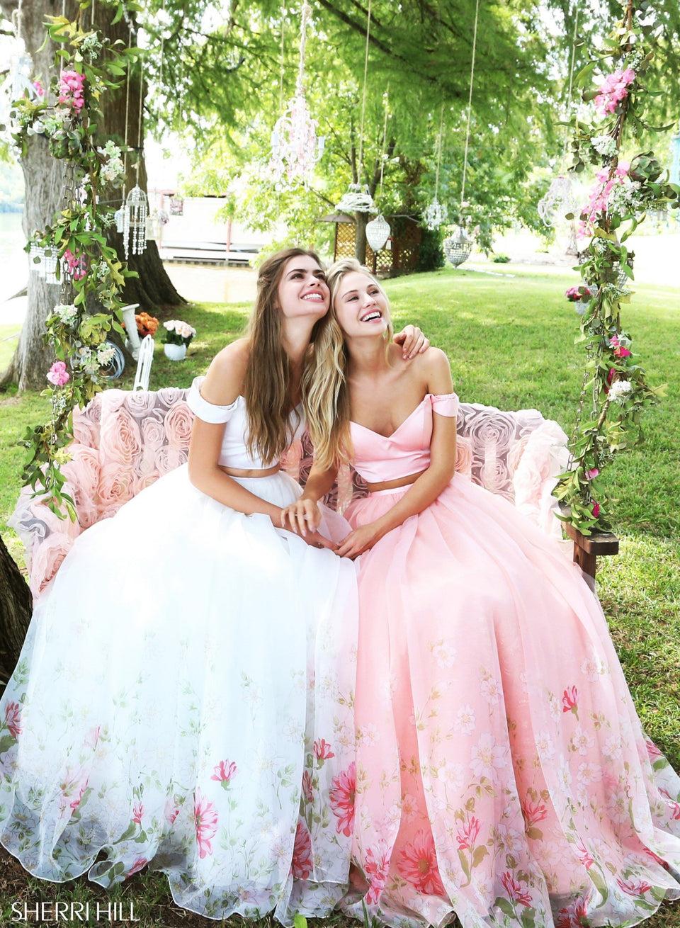 Sherri Hill Two Piece Organza Ball Gown With A Satin Off-the-shoulder Bodice And Floral Border Print Skirt