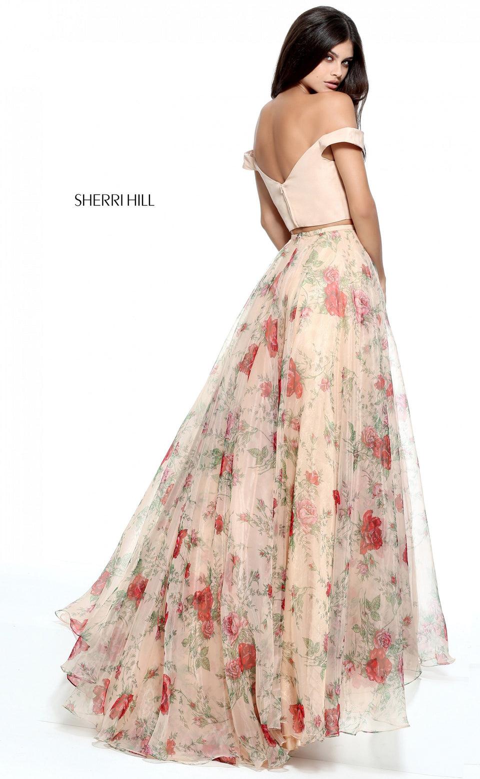 Sherri Hill Two-piece Organza Floral Print A-line Gown With A Off The Shoulder Taffeta Bodice