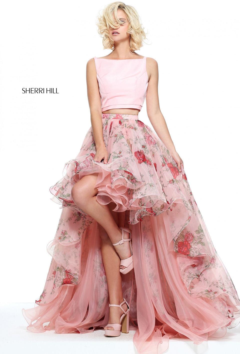 Sherri Hill Two-piece Organza Floral Print High Low Dress