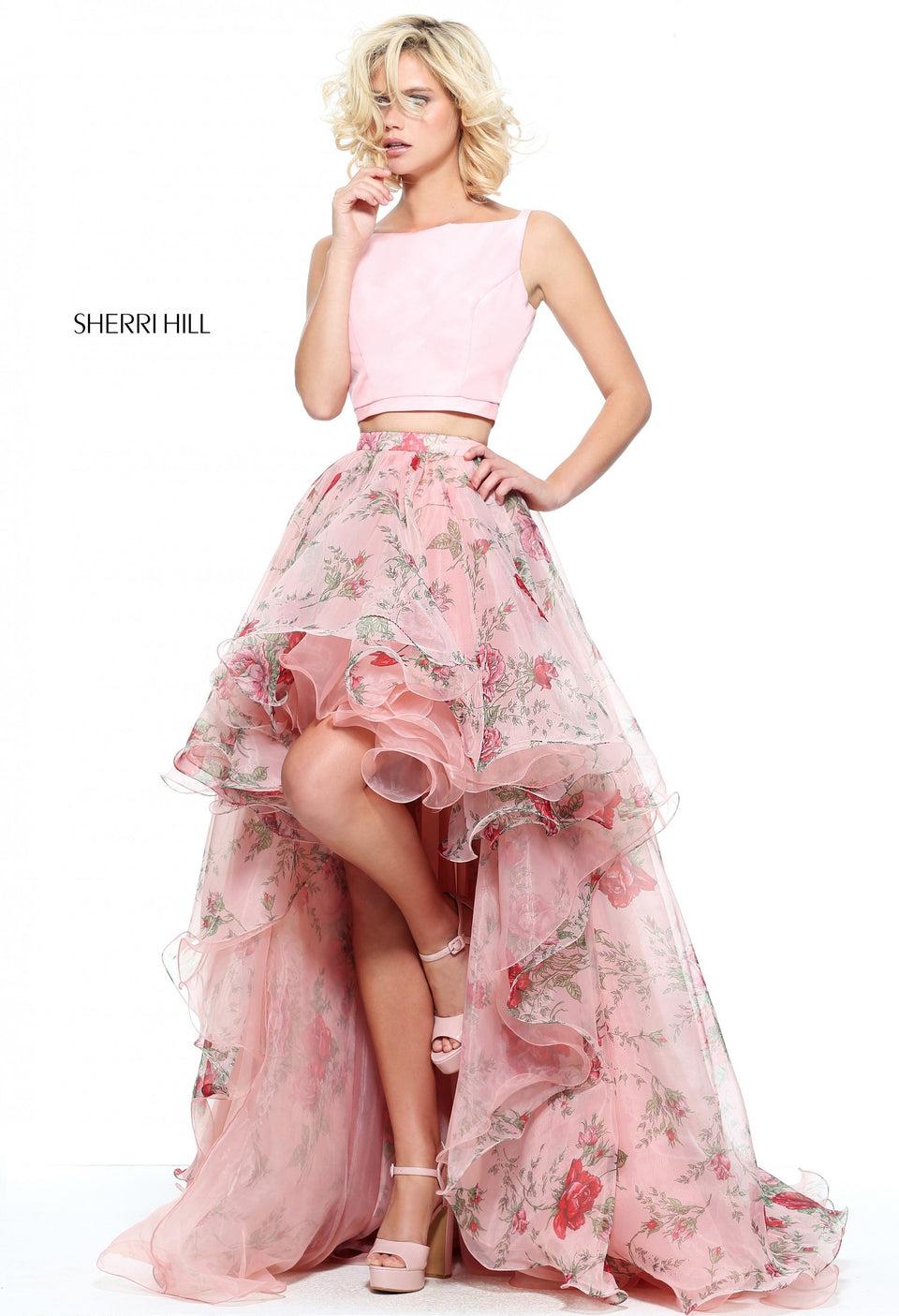 sherri hill Two-piece organza floral print high low dress