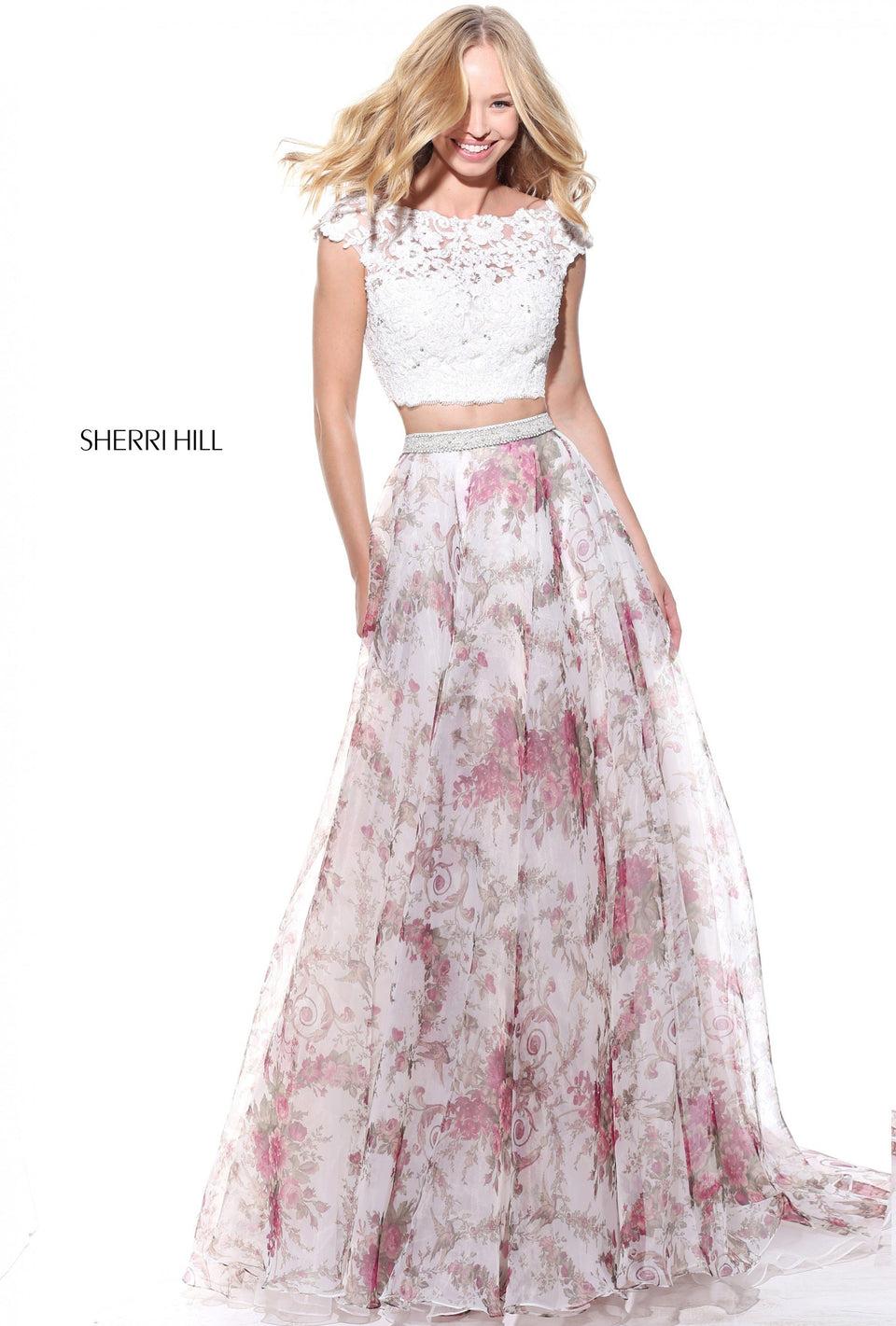 Sherri Hill Two-piece Organza Print Skirt With A Lace Bodice And Beaded Waist Band