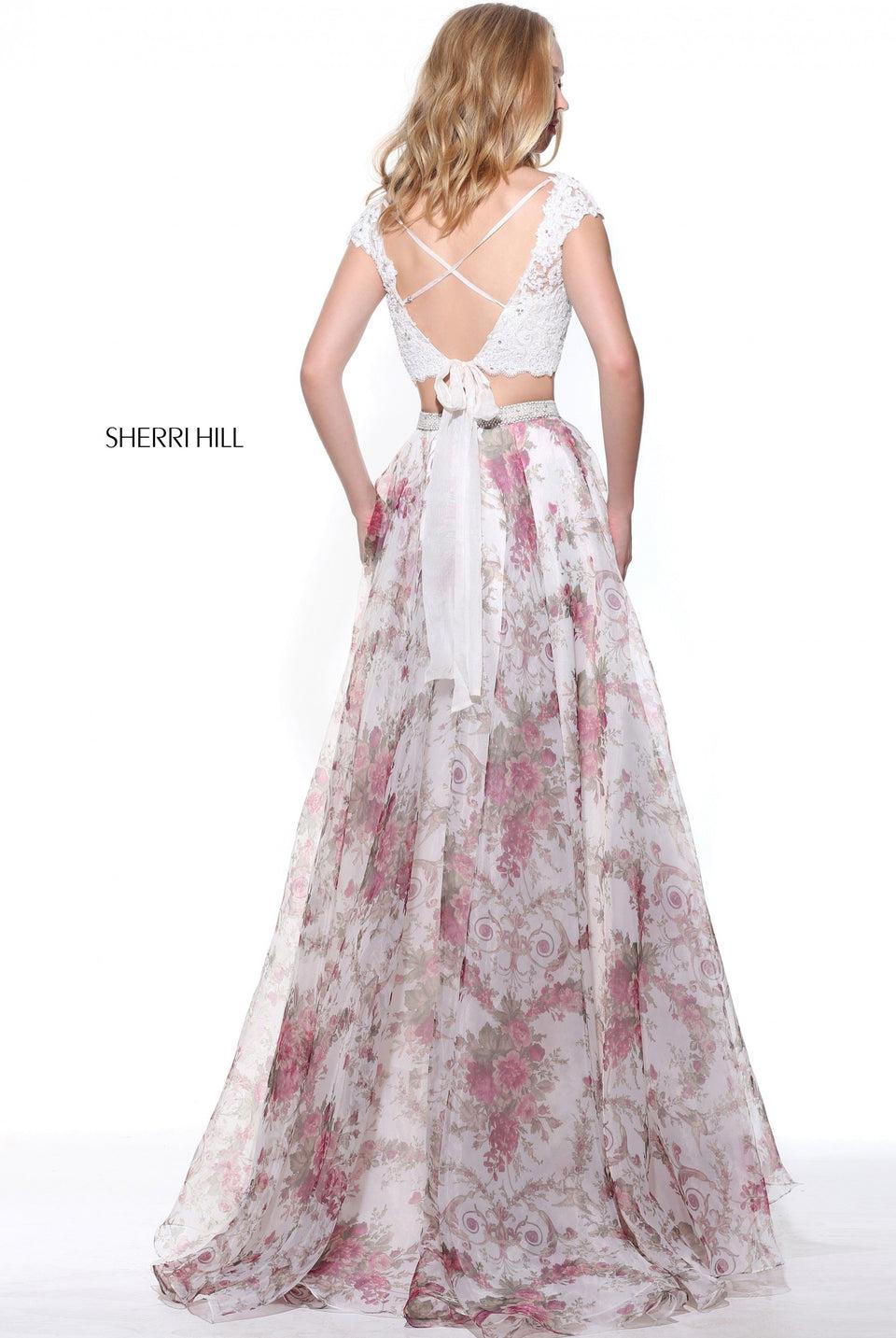 Sherri Hill Two-piece Organza Print Skirt With A Lace Bodice And Beaded Waist Band