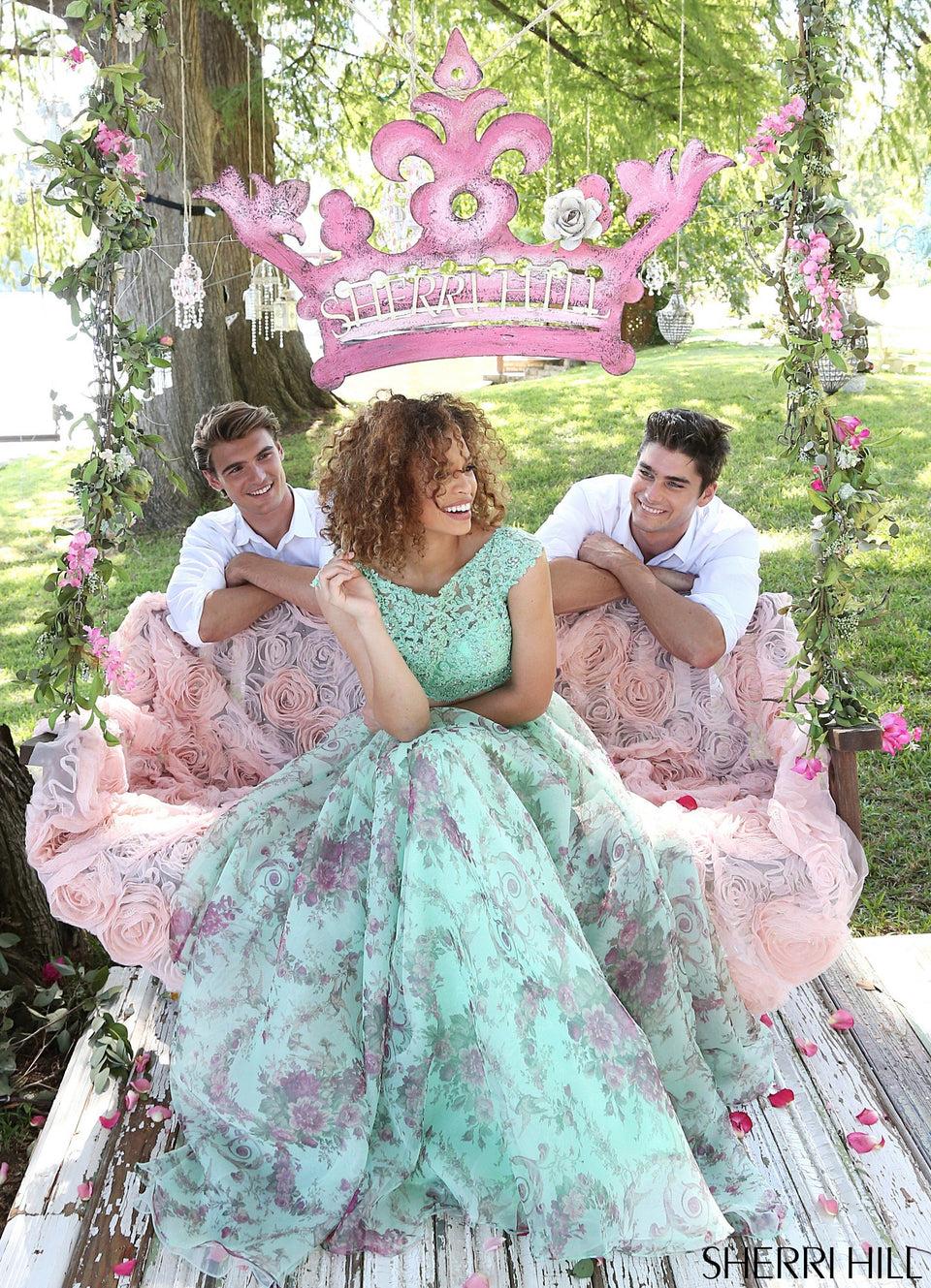 Sherri Hill Two-piece Organza Print Skirt With A Lace Bodice And Beaded Waist Band