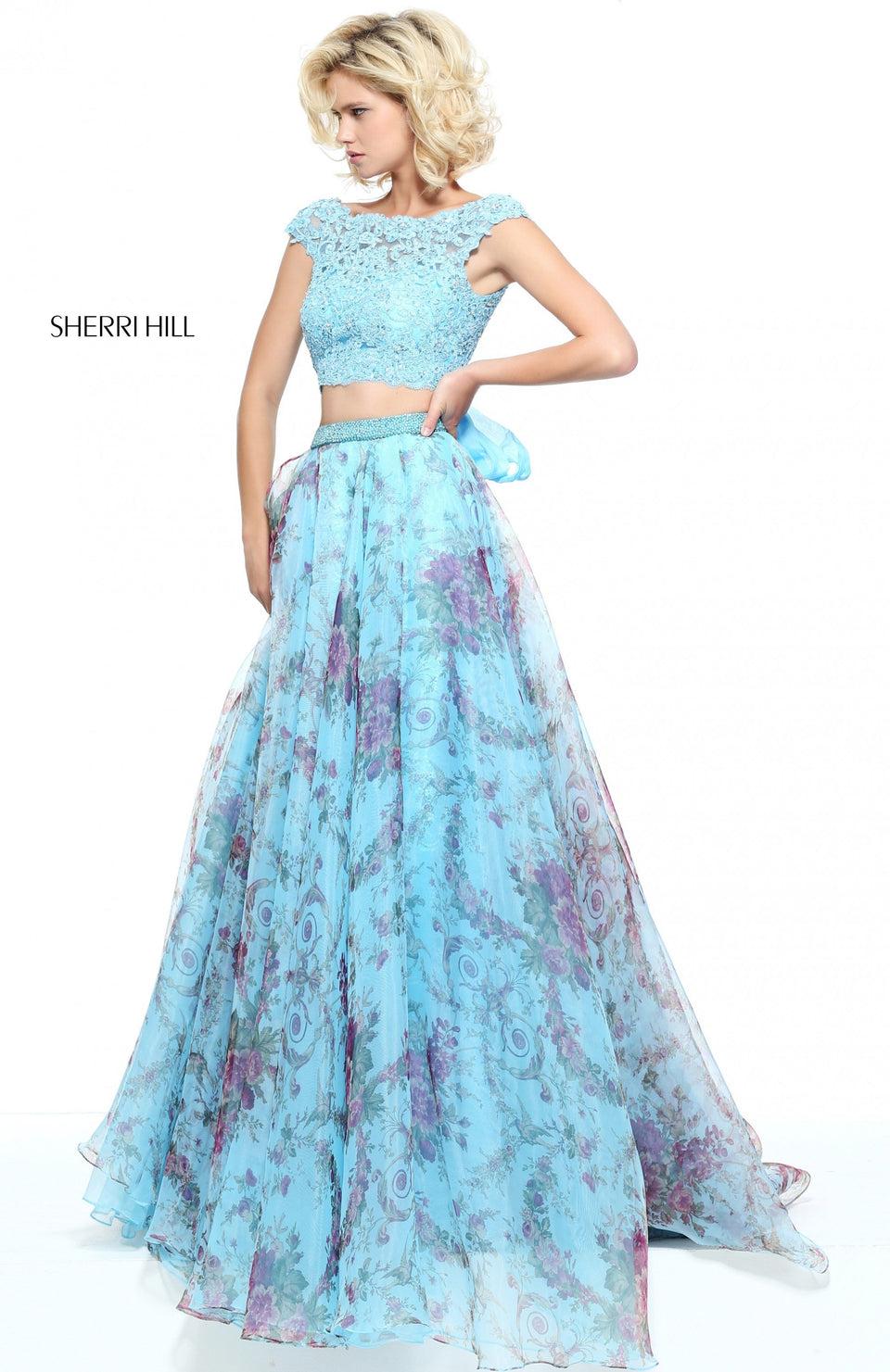 sherri hill Two-piece organza print skirt with a lace bodice and beaded waist band