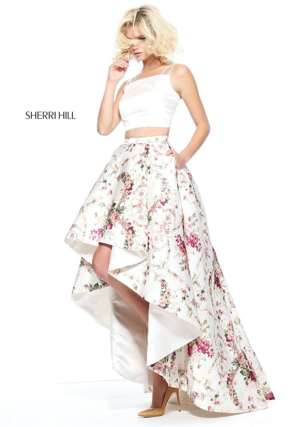 sherri hill Two-piece print high low skirt with a spaghetti strap bodice