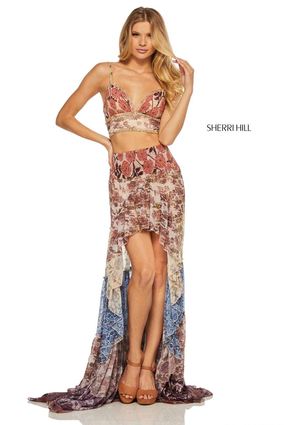 Sherri Hill Two-piece Printed Textured Chiffon High-low Skirt And Top