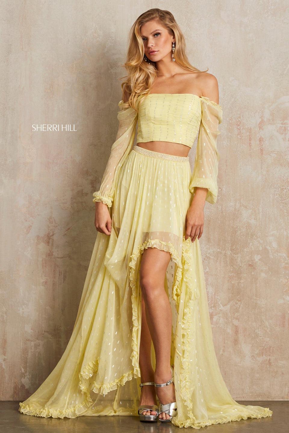 Sherri Hill Two-piece Ruched Chiffon Off-the-shoulder Top With Quarter Length Sleeves And Lace Up Back And Sheer Chiffon High-low Skirt With Beaded Waistband