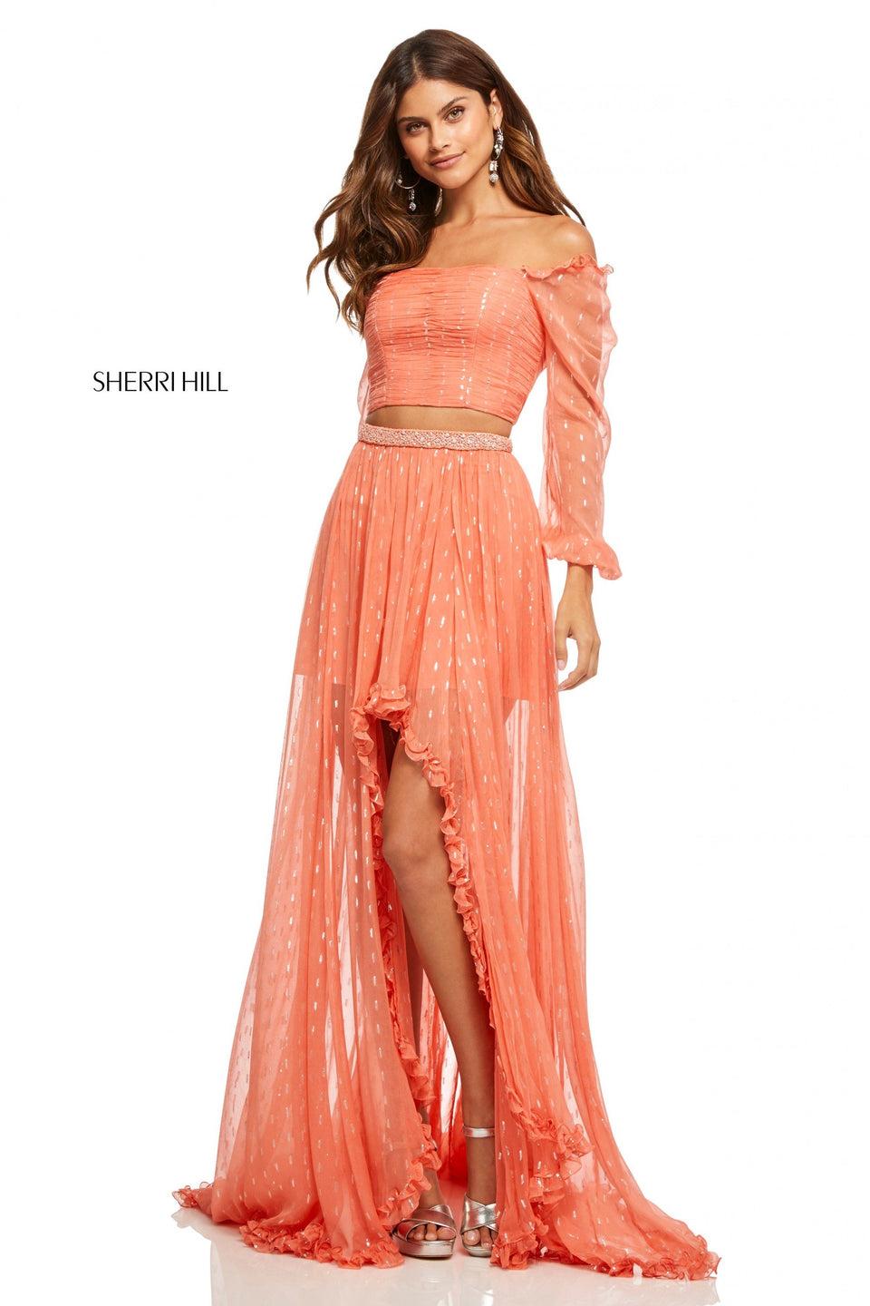 Sherri Hill Two-piece Ruched Chiffon Off-the-shoulder Top With Quarter Length Sleeves And Lace Up Back And Sheer Chiffon High-low Skirt With Beaded Waistband