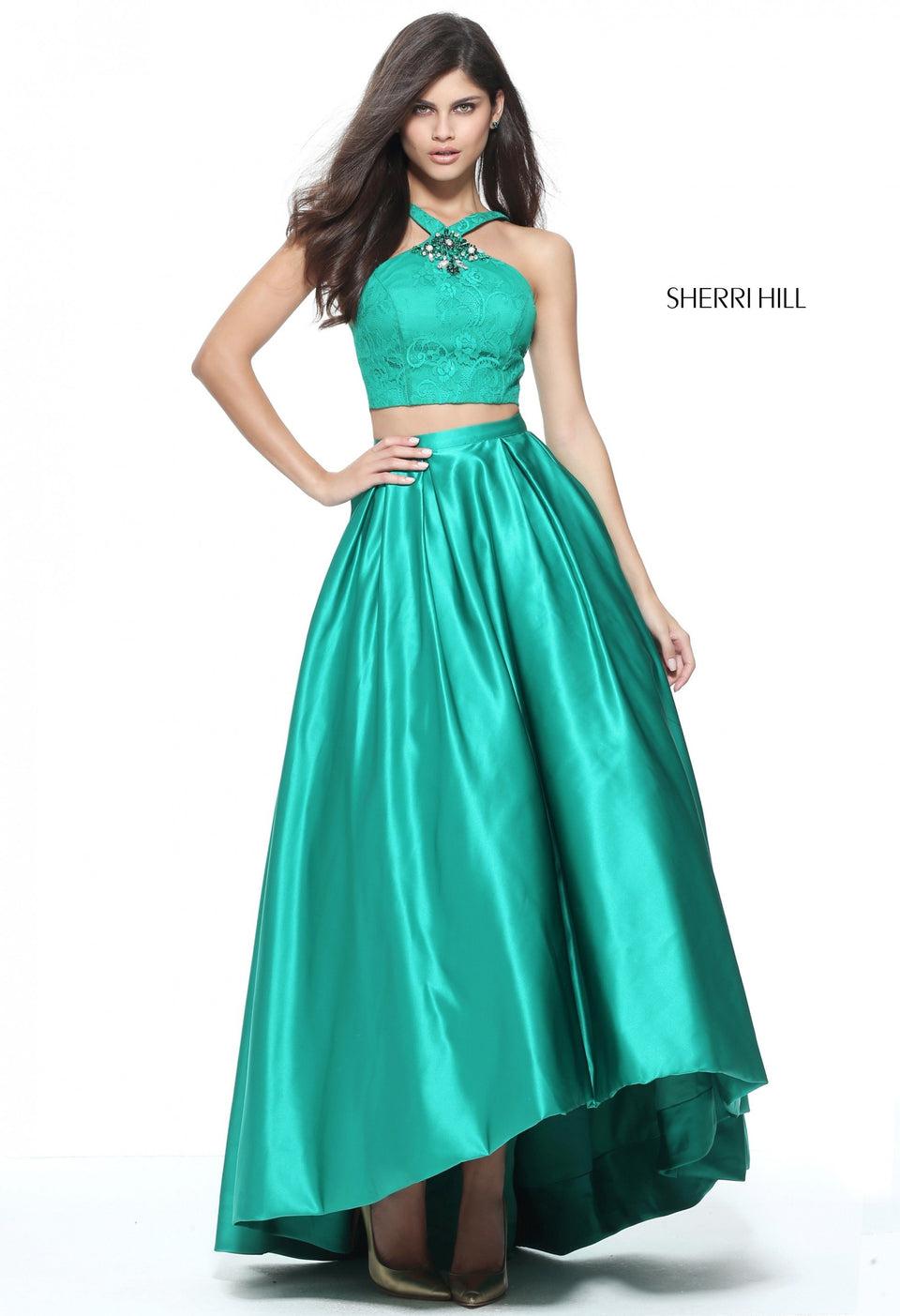 Sherri Hill Two Piece Satin Audrey Length Gown With A Lace Bodice