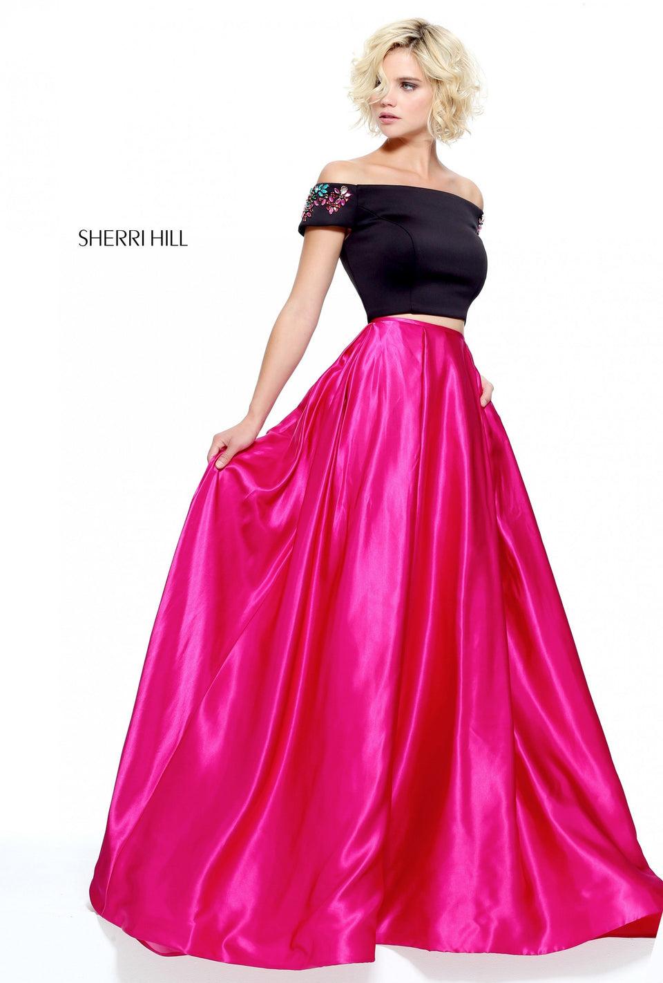 sherri hill Two-piece satin ball gown with a beaded shoulder bodice