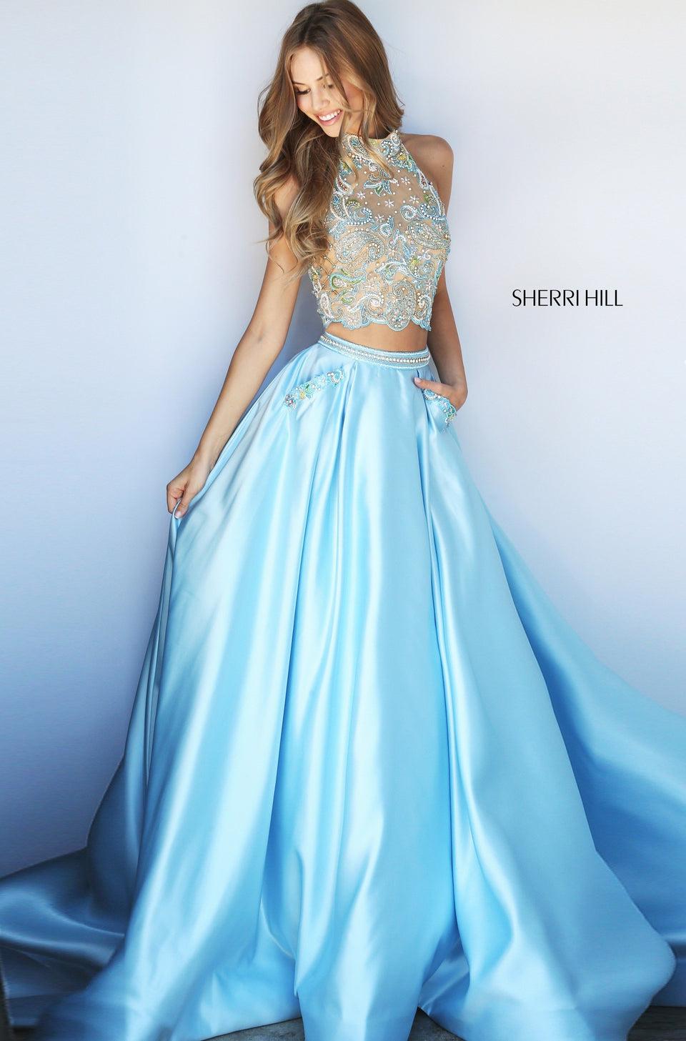 sherri hill Two-piece satin ball gown with a high neck and a paisley beaded bodice