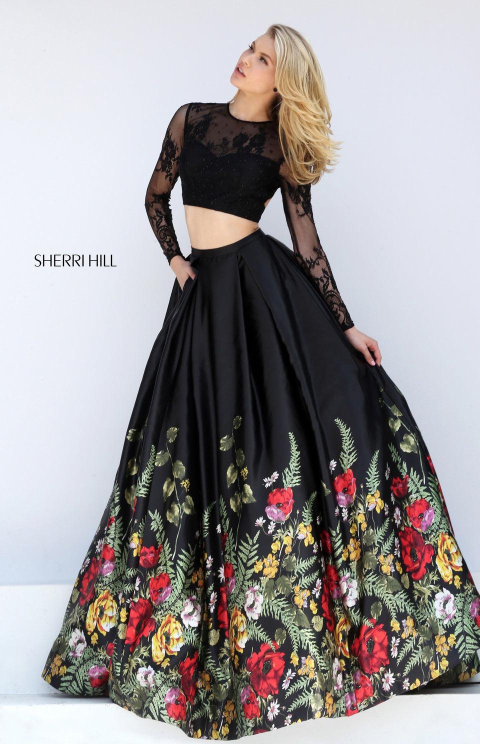 Sherri Hill Two Piece Satin Floral Border Print Ball Gown With Lace Long Sleeves