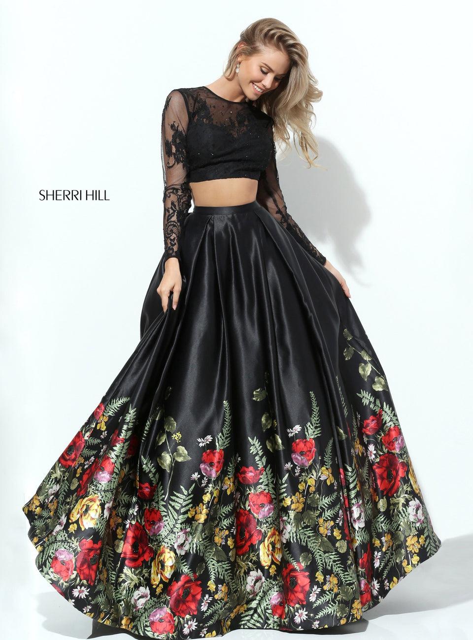 Sherri Hill Two Piece Satin Floral Border Print Ball Gown With Lace Long Sleeves