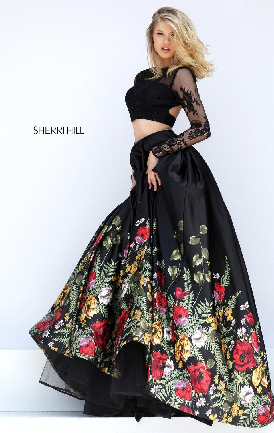 sherri hill Two piece satin floral border print ball gown with lace long sleeves