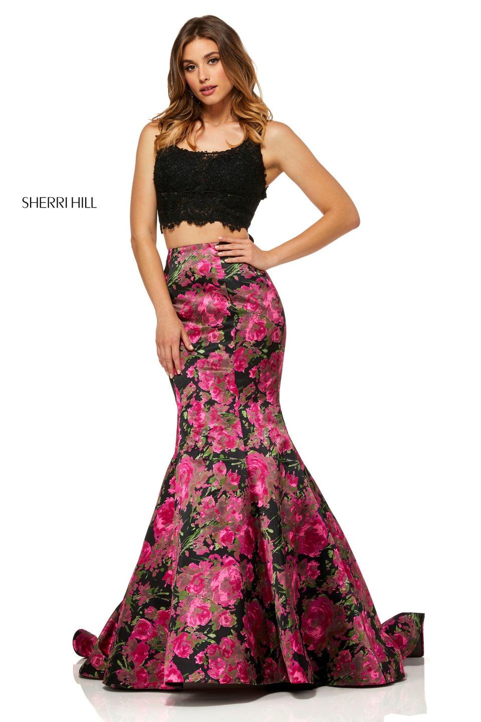 Sherri Hill Two-piece Satin Floral Mermaid With A Lace Top And Bow Back