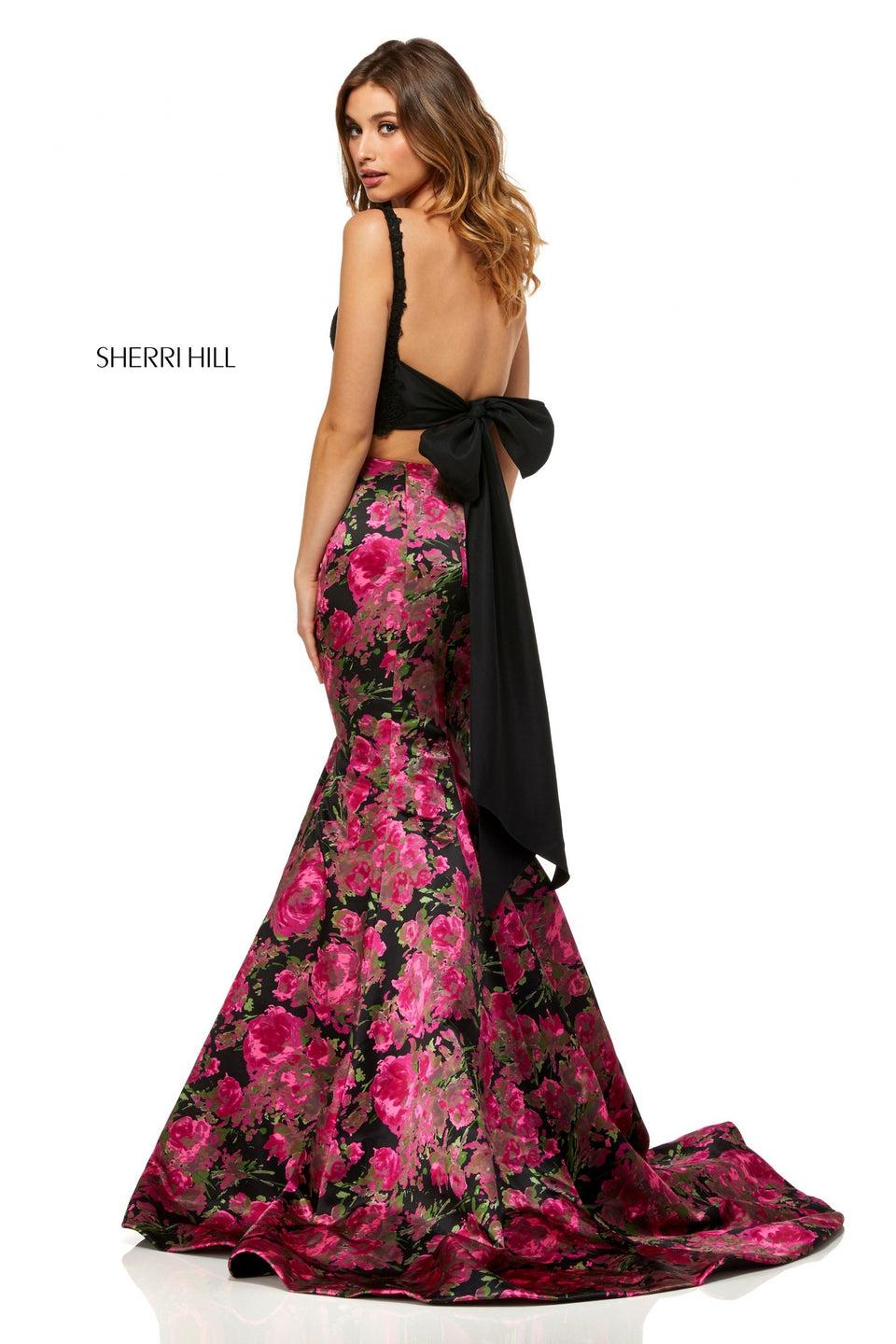 Sherri Hill Two-piece Satin Floral Mermaid With A Lace Top And Bow Back