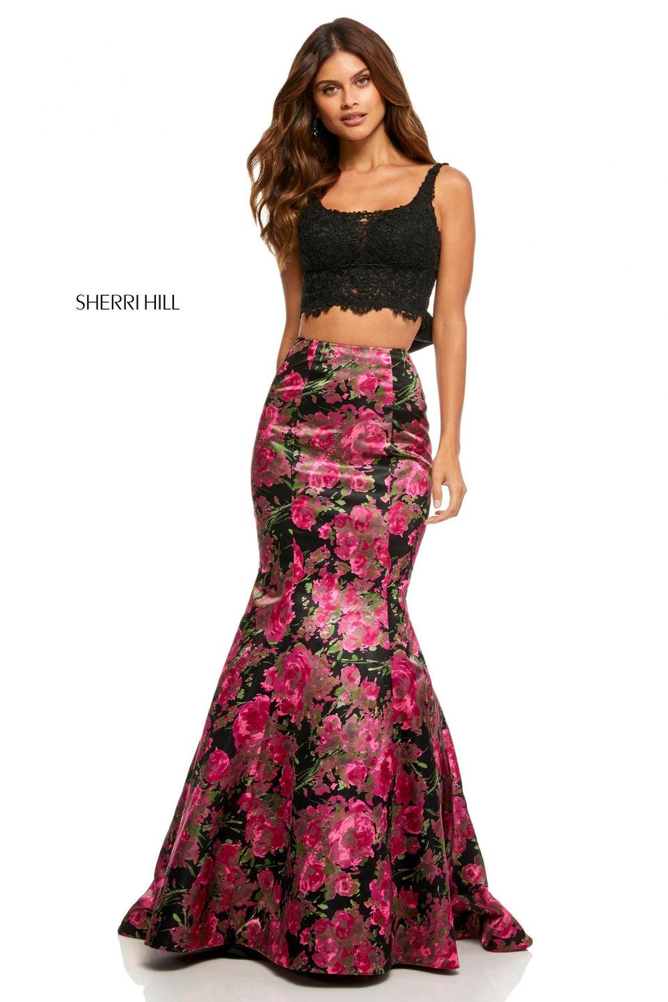 Sherri Hill Two-piece Satin Floral Mermaid With A Lace Top And Bow Back