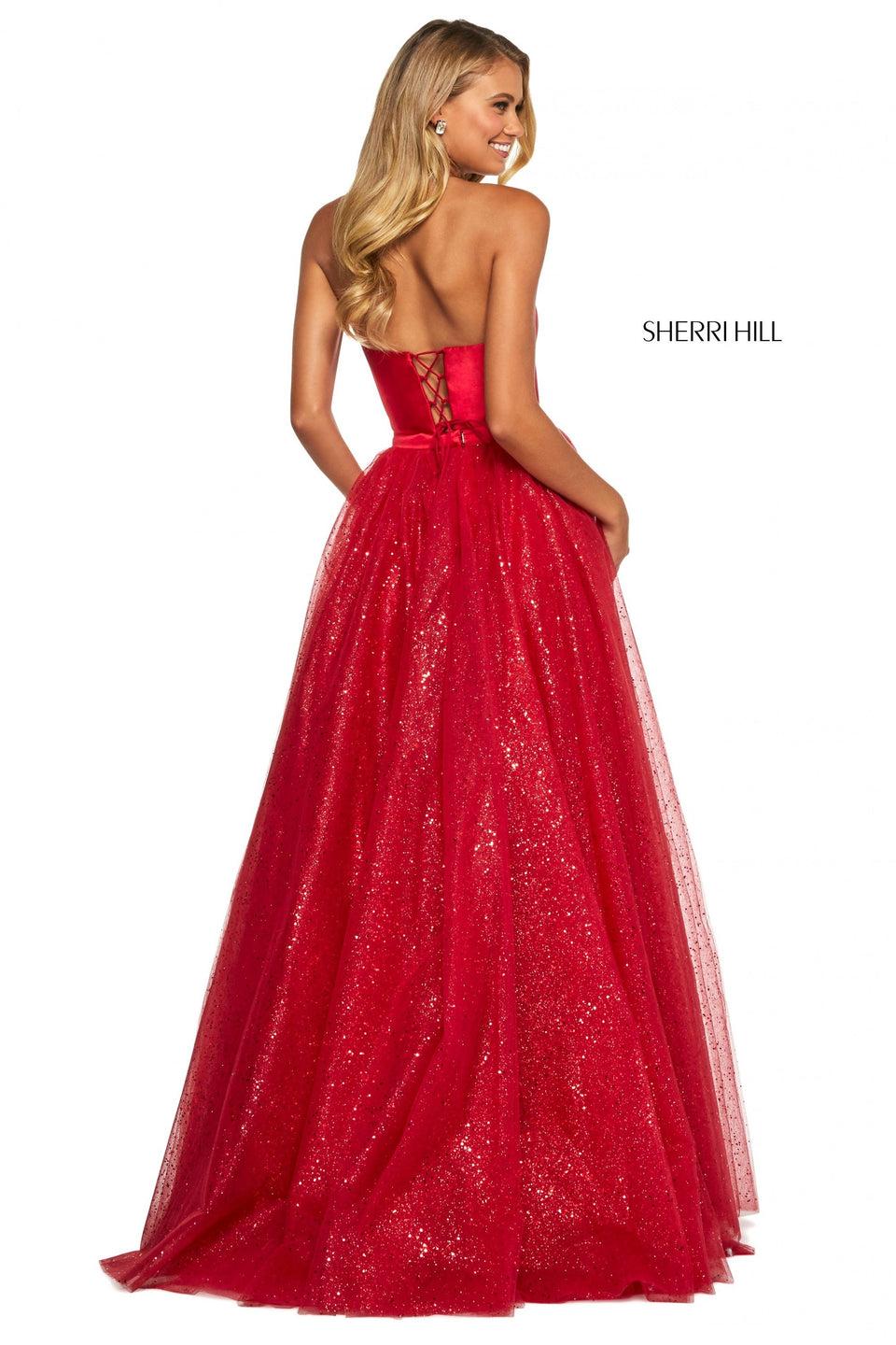Sherri Hill Two Piece Satin Halter Neckline Top With Lace Up Back And Glitter Tulle Ball Gown Skirt