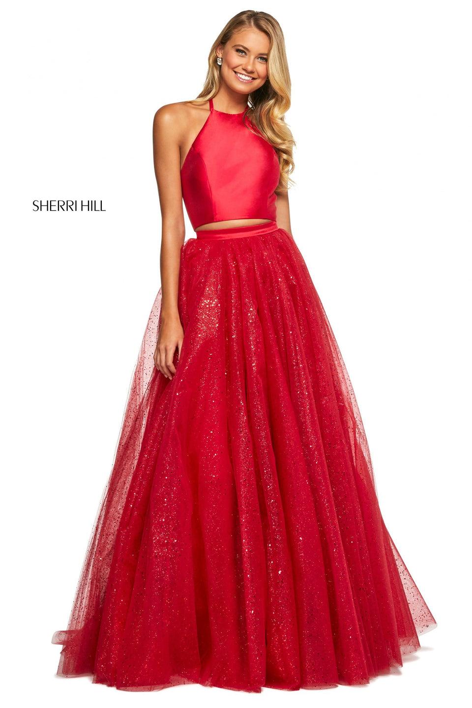 sherri hill Two piece satin halter neckline top with lace up back and glitter tulle ball gown skirt