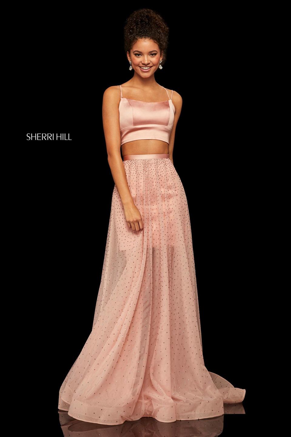 Sherri Hill Two-piece Satin Lace Up Back Top And Jeweled Chiffon A-line Skirt
