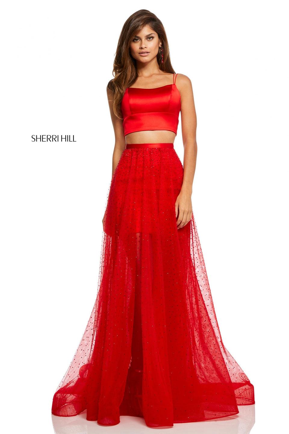 sherri hill Two-piece satin lace up back top and jeweled chiffon A-line skirt