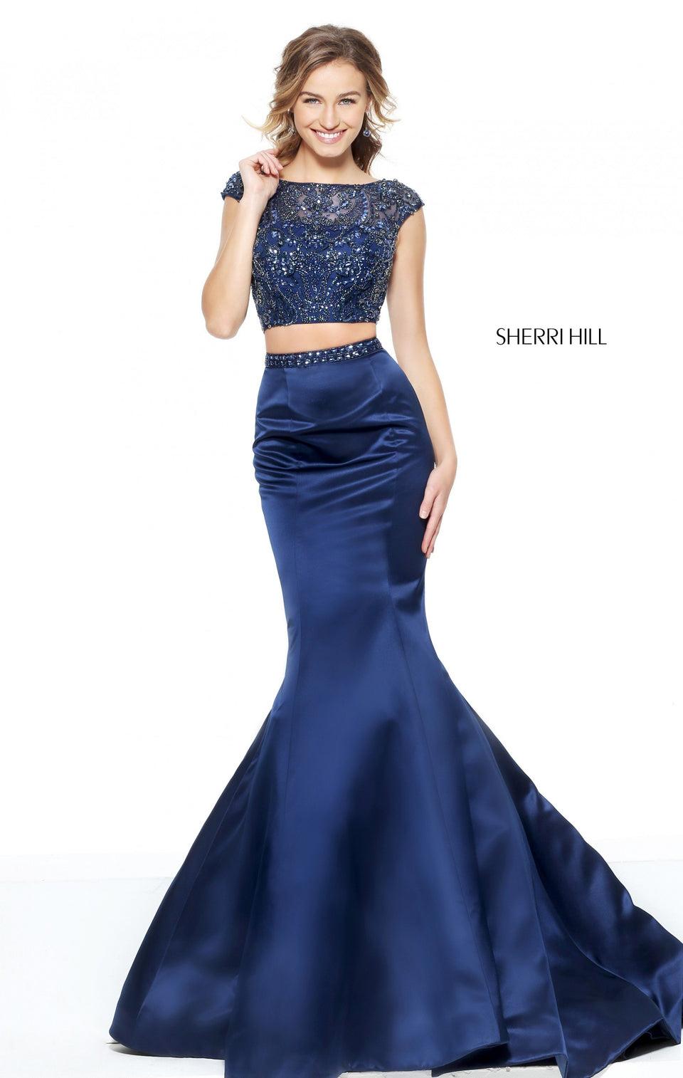sherri hill Two-piece satin mermaid with a beaded bodice and waistband detail