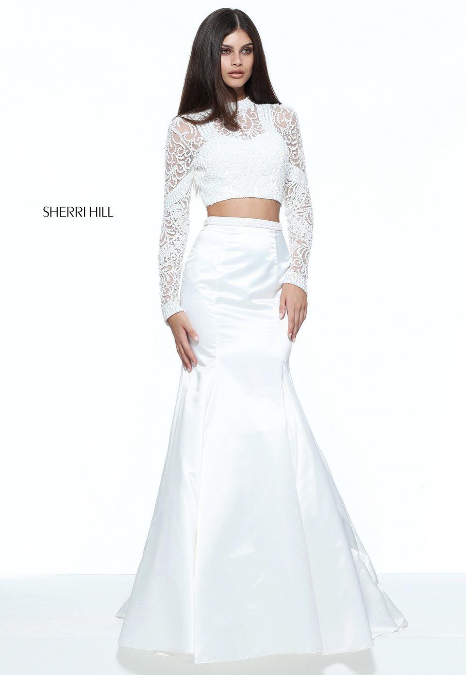 Sherri Hill Two-piece Satin Mermaid With A Long Sleeve Beaded Bodice
